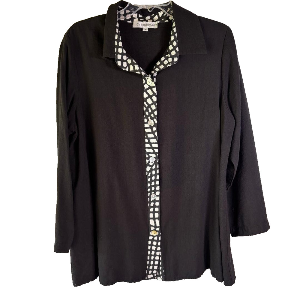 Christopher Calvin Tunic Top Black with White/Black Trim‎ Long Sleeve Size L
